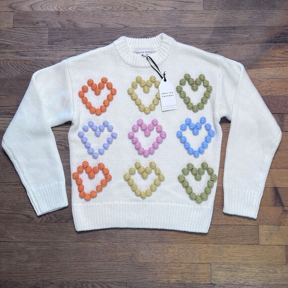 English Factory Heart Pom Sweater Knit Wool Blend Ivory Love Womens Size Small - Picture 14 of 14